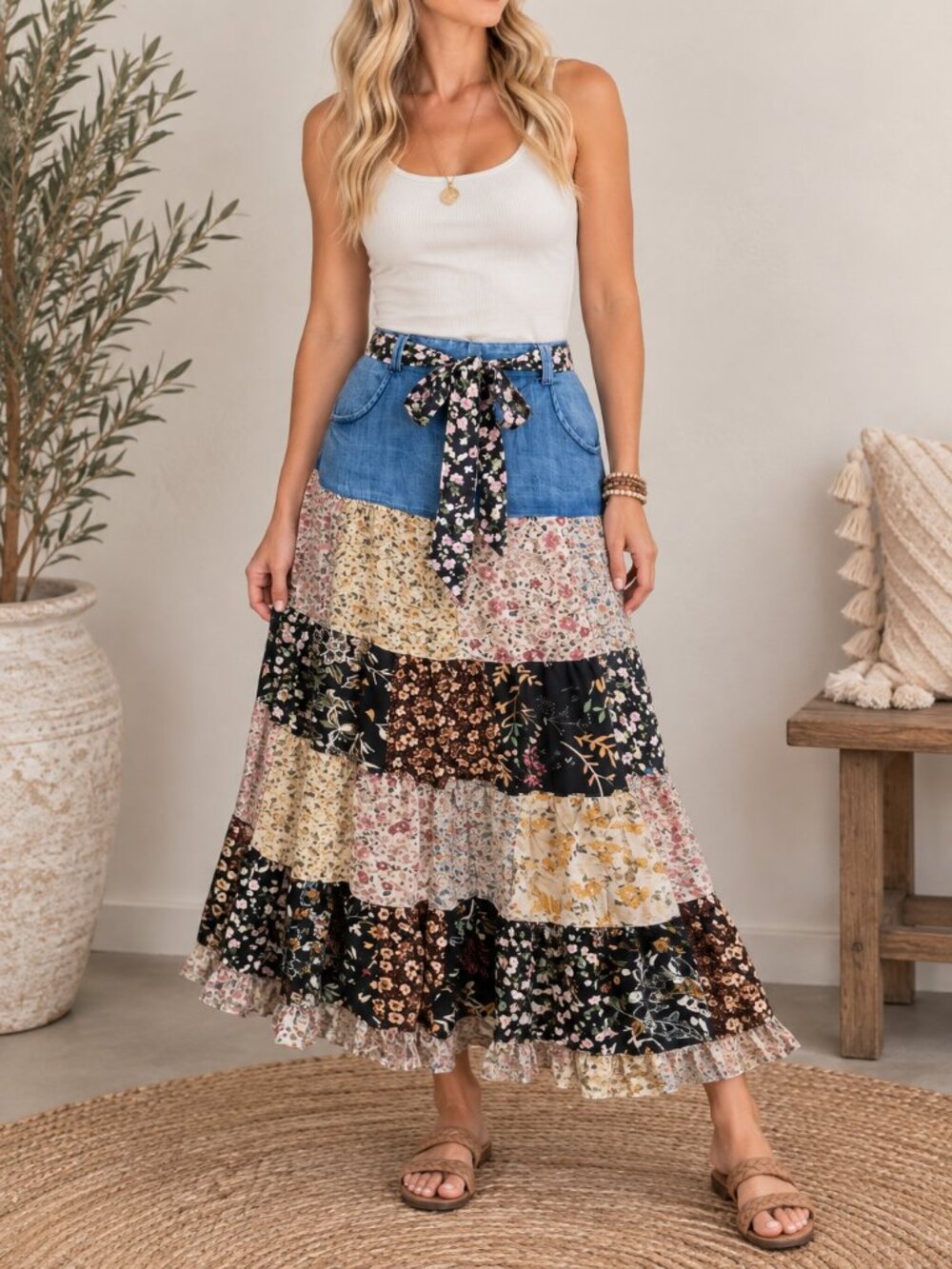 457. Women's Stonewashed Denim Tiered Boho Skirt